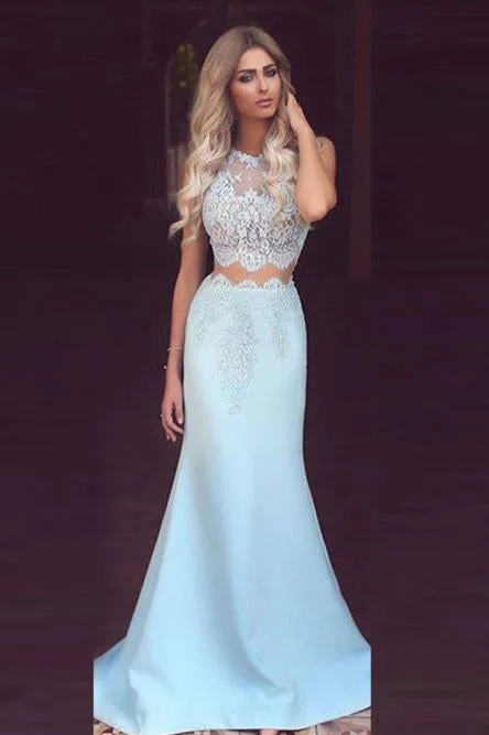Mermaid Round Neck Sky Blue Satin Prom Dress with Lace Evening Dresses WK642
