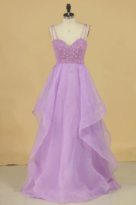 2024 A Line Prom Dresses Beaded Bodice Spaghetti Straps Organza Floor Length