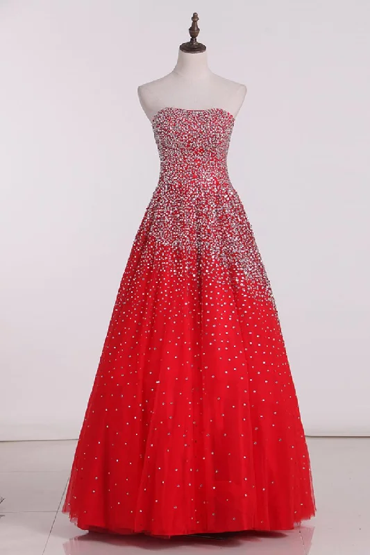 2024 A Line Strapless Beaded Bodice Prom Dresses Tulle Floor Length