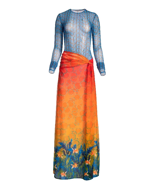 Blue Wavy Monogram/ Multicolor Bubble Seaweed Mix Knotted Mesh Dress