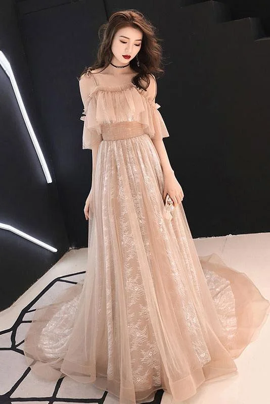 Charming Straps Flowy Tulle Lace Prom Dress with Train A Line Evening Dress with Ruffles WK825 Charming Straps Flowy Tulle Lace Prom Dress with Train A Line Evening Dress with Ruffles WK825