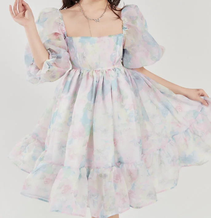 Watercolor Floral Puff Dress (Blue/Pink)