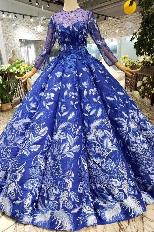 Ball Gown Blue Round Neck Prom Dresses with Beads Lace up Quinceanera Dresses WK784