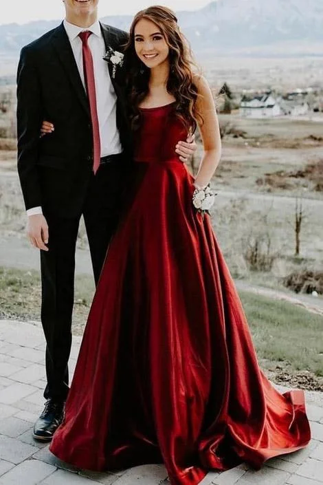Elegant A-line Satin Prom Dress with Pockets Cheap Satin Evening Dresses WK732