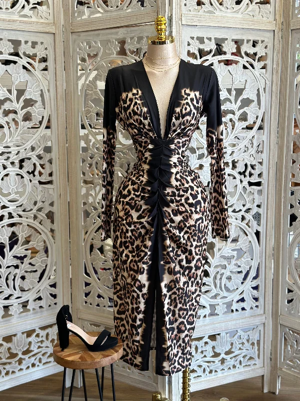 Deep V Leopard Print Dress - Estira, Stretchy