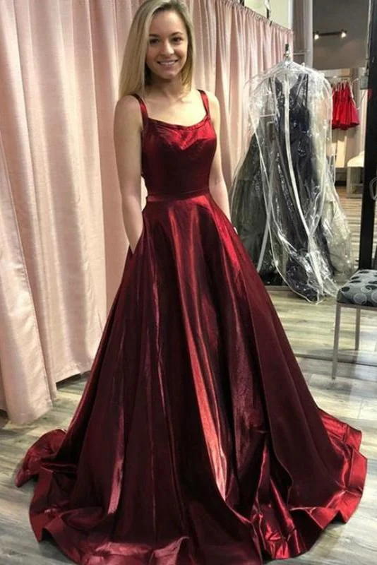 Elegant A Line Spaghetti Straps Backless Burgundy Satin Prom Dresses with Pocket WK980