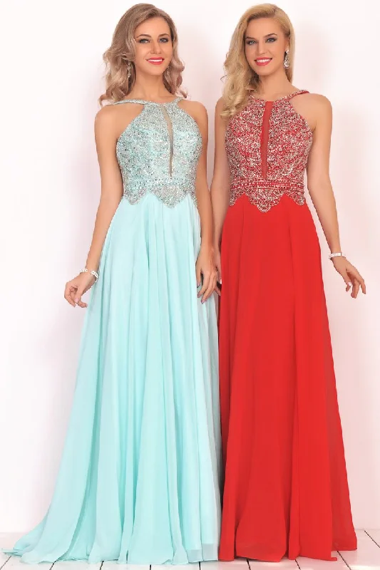 2024 A Line Chiffon Spaghetti Straps Prom Dresses With Beading Floor Length