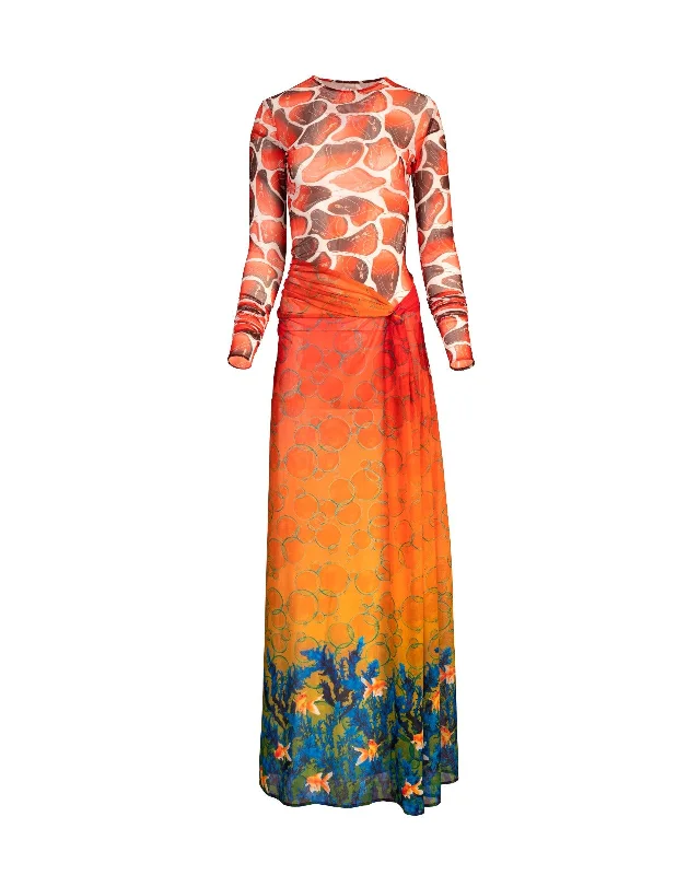 Red Swimmers/ Multicolor Bubble Seaweed Mix Knotted Mesh Dress