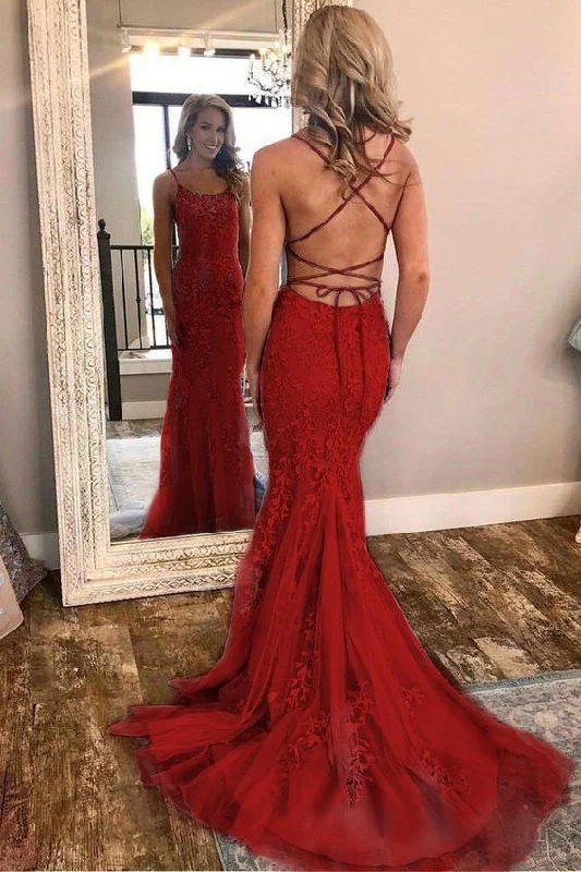 Mermaid Red Lace Spaghetti Straps Scoop Prom Dresses Long Cheap Evening Dresses WK643