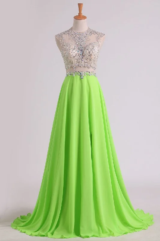 2024 A Line Beaded Bodice Prom Dresses Scoop Chiffon & Tulle With Slit
