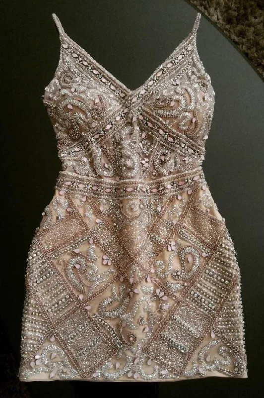 Sheath Spaghetti Straps Beading Homecoming Dresses Short Prom Dresses WK610