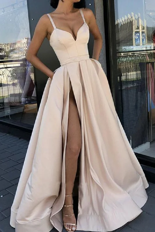 Sexy A line High Slit V Neck Spaghetti Straps Prom Dress Pockets Satin Formal Dress WK576 Sexy A line High Slit V Neck Spaghetti Straps Prom Dress Pockets Satin Formal Dress WK576