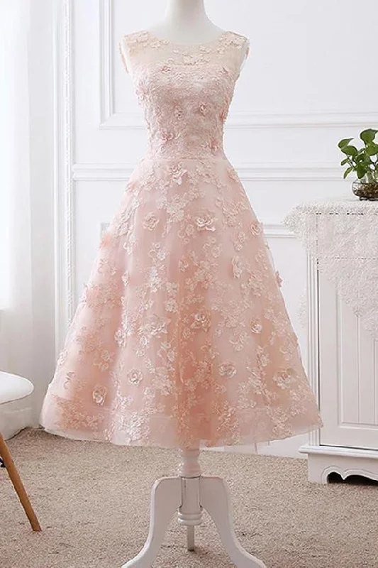 A line Pink Lace Appliques Cap Sleeve Scoop Homecoming Dresses Short Prom Dress WK864