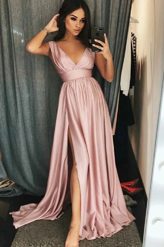 A Line V Neck Ruffles Prom Dresses with High Slit Long Cheap Evening Dresses WK884