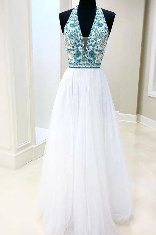 White Chiffon Long Prom Dress V Neck Halter With Blue Beaded Bodice Dress Evening Dress P1031