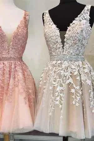 Short V Neck Beaded Ivory Tulle Prom Dresses Homecoming Dresses Lace Embroidery WK754 Short V Neck Beaded Ivory Tulle Prom Dresses Homecoming Dresses Lace Embroidery WK754