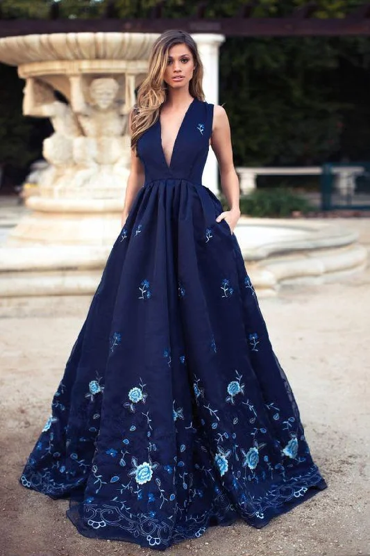 Vintage A-Line Deep V-Neck Navy Blue Sleeveless Prom Dresses with Appliques Pockets WK403 Vintage A-Line Deep V-Neck Navy Blue Sleeveless Prom Dresses with Appliques Pockets WK403