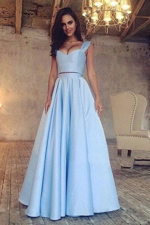 A Line Blue Two Piece Satin Sweetheart Prom Dresses Long Cheap Evening Dresses WK663