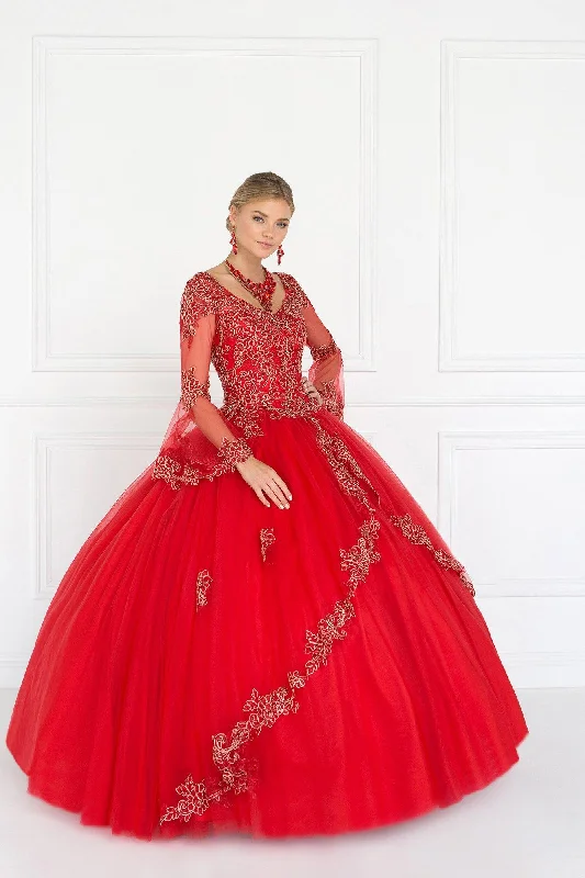 Quinceanera V-Neck Ball Gown Dress with Bell Sleeves