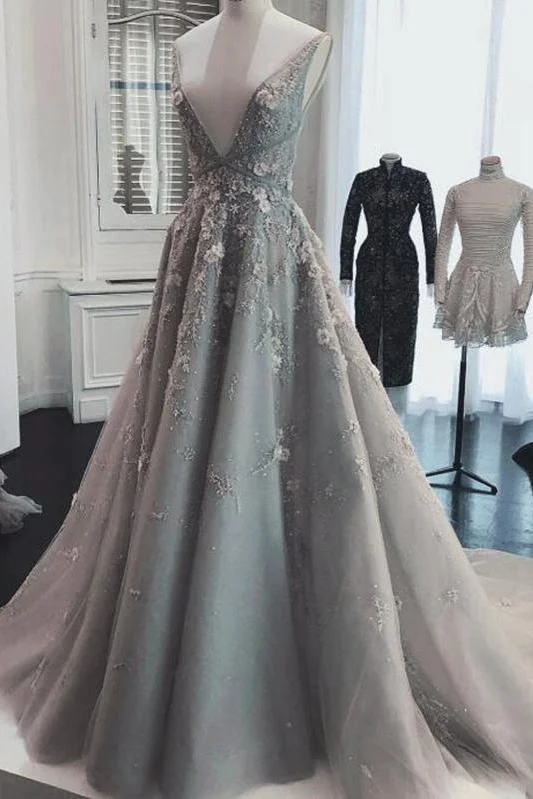 Chic A Line Silver Tulle Prom Dresses V Neck Lace Appliques Long Formal Dresses WK978 Chic A Line Silver Tulle Prom Dresses V Neck Lace Appliques Long Formal Dresses WK978