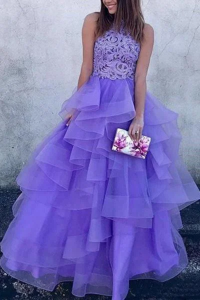 A Line High Neck Ruffles Lavender Ball Gown Prom Dresses with Appliques WK679