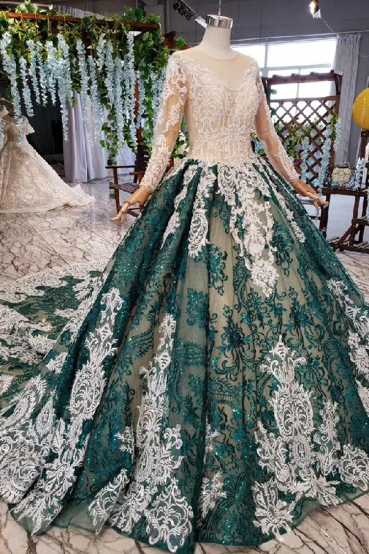 Green Long Sleeves Ball Gown Lace Prom Dress WK567
