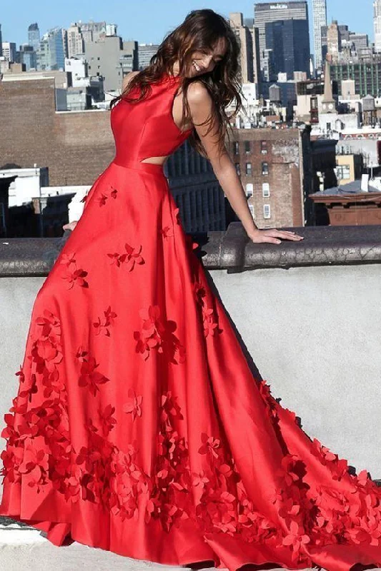 A line Red Halter Satin Prom Dresses Sleeveless Appliques Dance Dresses WK713