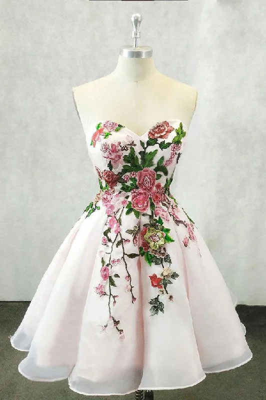 A Line Straps Sweetheart Pink Homecoming Dresses with Floral Print Short Prom Dress WK826 A Line Straps Sweetheart Pink Homecoming Dresses with Floral Print Short Prom Dress WK826