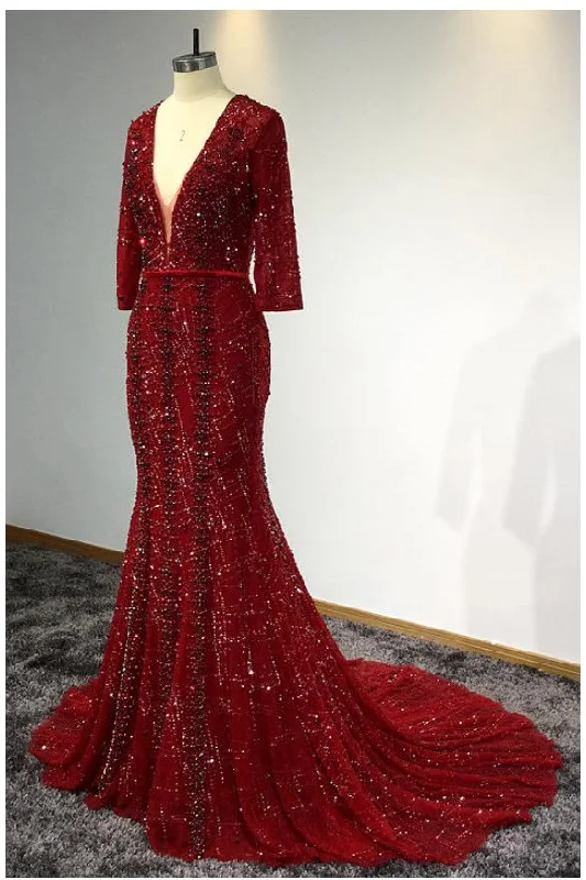 Sexy Mermaid 3/4 Sleeve V Neck Open Back Beads Burgundy Long Cheap Prom Dresses uk WK258 Sexy Mermaid 3/4 Sleeve V Neck Open Back Beads Burgundy Long Cheap Prom Dresses uk WK258