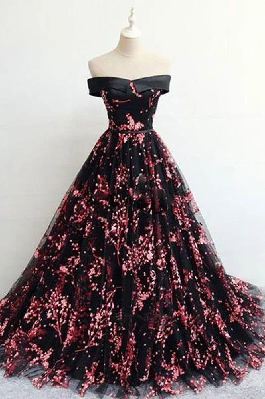 Floral Print Black Off the Shoulder Lace Appliques Prom Dresses with Lace up WK695