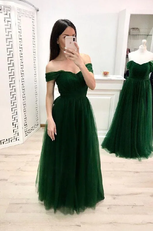 A Line Off the Shoulder Sweetheart Prom Dresses Long Tulle Green Formal Dresses WK898