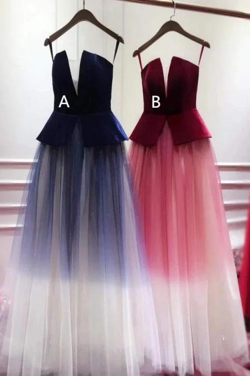 A Line Ombre Blue Tulle Long Prom Dress Unique New Style Strapless Evening Dress WK840
