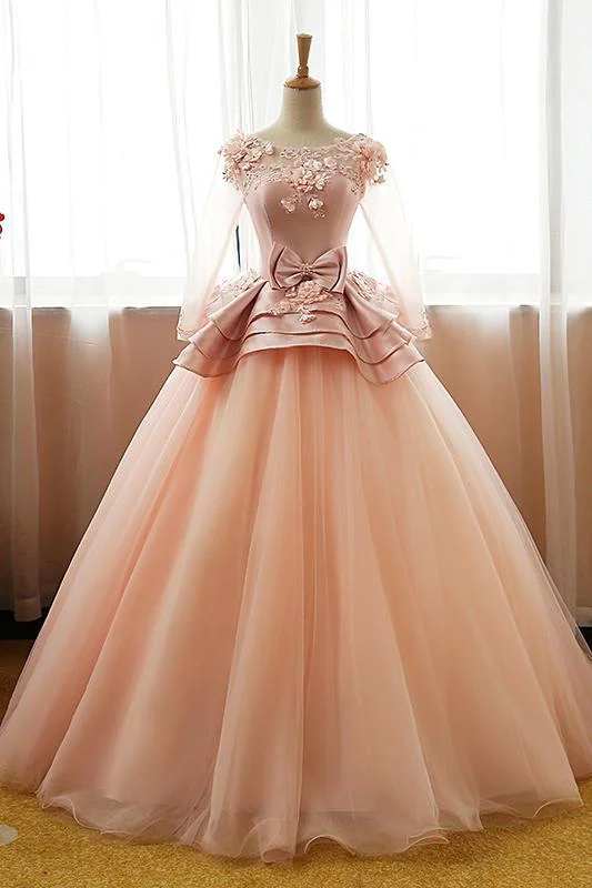 Vintage Pink Flower Long Sleeves Puffy Tulle Long Quinceanera Dress Prom Dresses WK428 Vintage Pink Flower Long Sleeves Puffy Tulle Long Quinceanera Dress Prom Dresses WK428