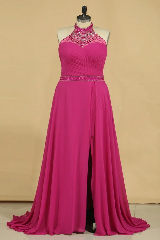 2024 A Line High Neck Prom Dresses Chiffon With Beading And Ruffles