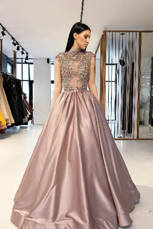 A line Satin Beads High Neck Prom Dresses Long Cheap Dance Dresses WK716