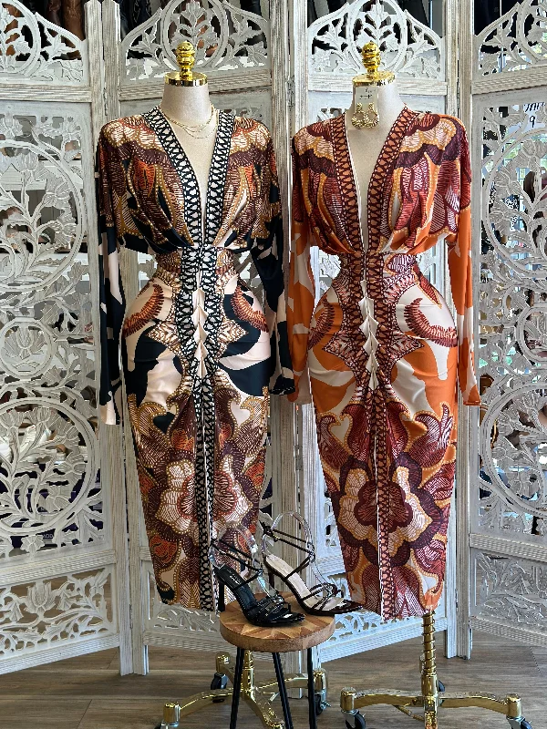 Deep V Multi Print Dress - Estira, Stretchy