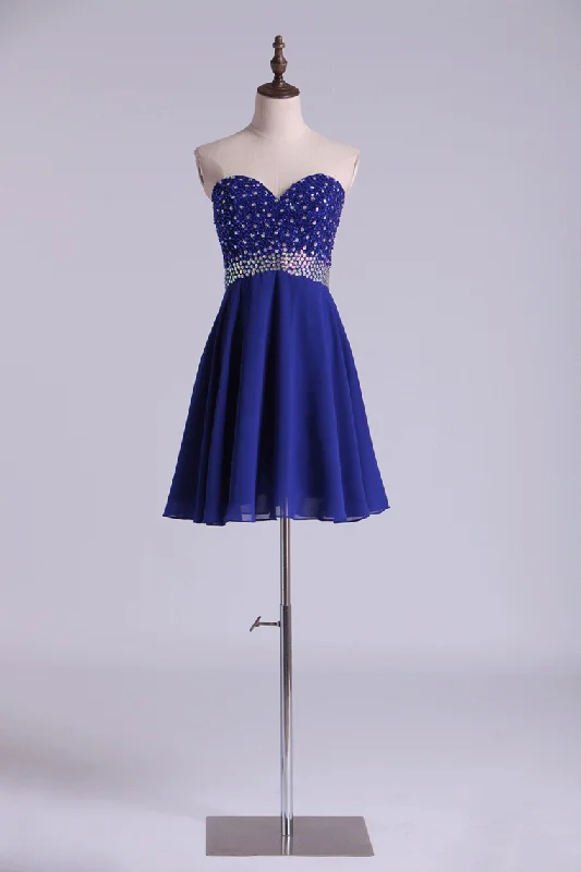2024 A Line Homecoming Dresses Dark Royal Blue Chiffon Mini With Beading