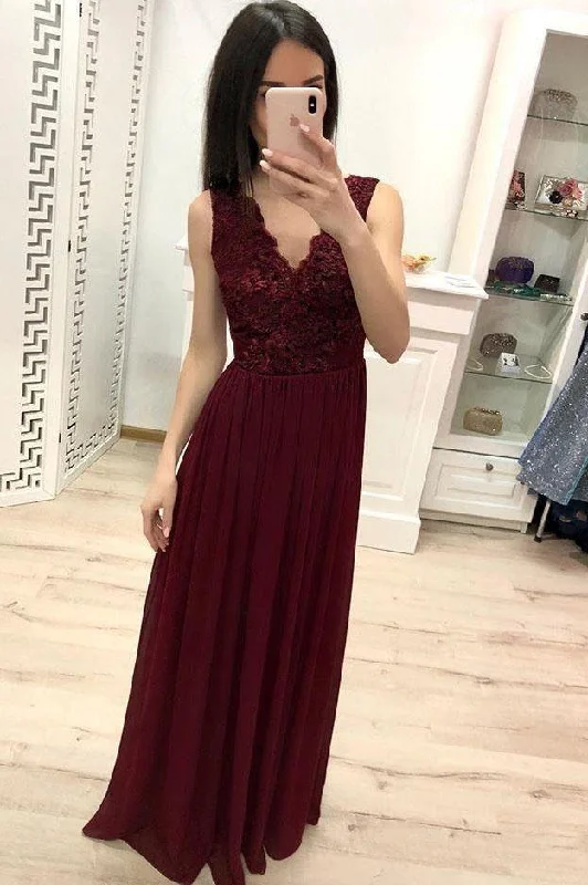 Simple Burgundy Chiffon V Neck Lace Appliques Prom Dresses Long Cheap Prom Gowns WK896