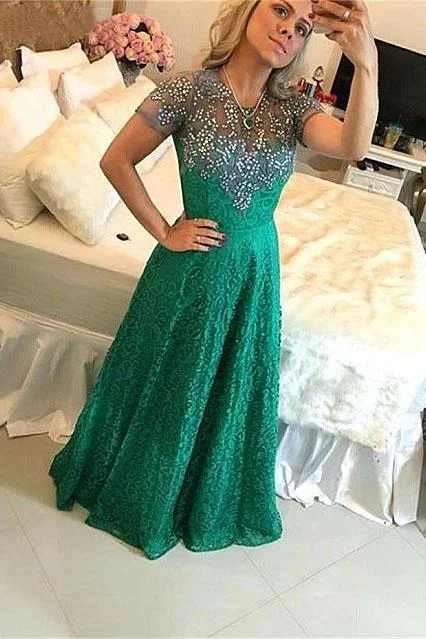 A Line Short Sleeve Green Lace Appliques Beads Prom Dresses Floor Length Evening Dress WK931 A Line Short Sleeve Green Lace Appliques Beads Prom Dresses Floor Length Evening Dress WK931