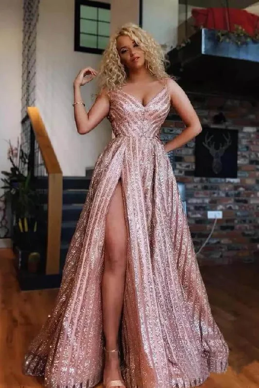 Spaghetti Strap V Neck Rose Gold Sequins Prom Dresses Sexy Side Slit Prom Dresses WK895 Spaghetti Strap V Neck Rose Gold Sequins Prom Dresses Sexy Side Slit Prom Dresses WK895