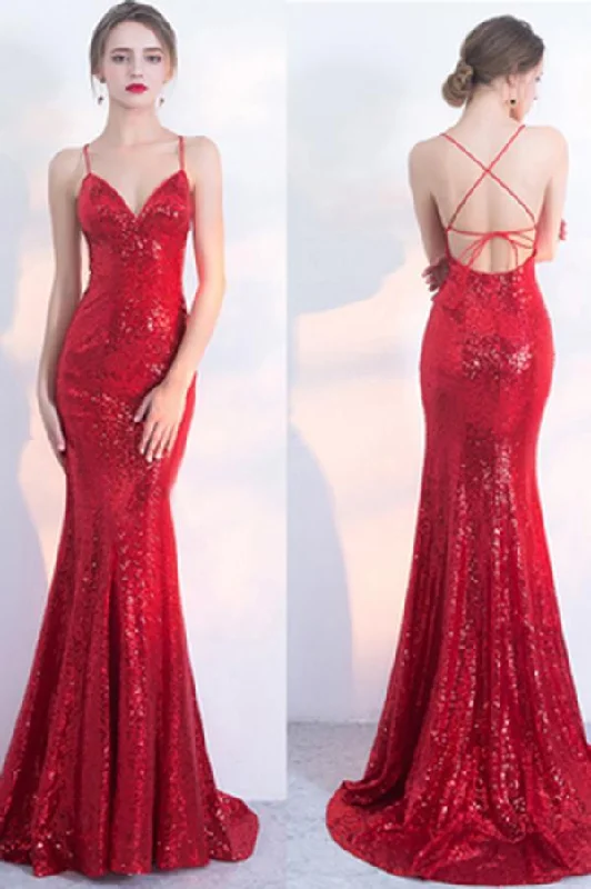 V-Neck Red Mermaid Spaghetti Straps Sparkly Backless Sleeveless Sequins Evening Dresses WK242 V-Neck Red Mermaid Spaghetti Straps Sparkly Backless Sleeveless Sequins Evening Dresses WK242