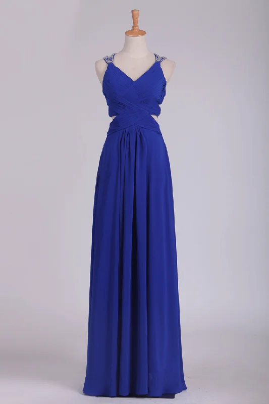 A Line Prom Dresses Spaghetti Straps Chiffon With Ruffles And Beads Open Back