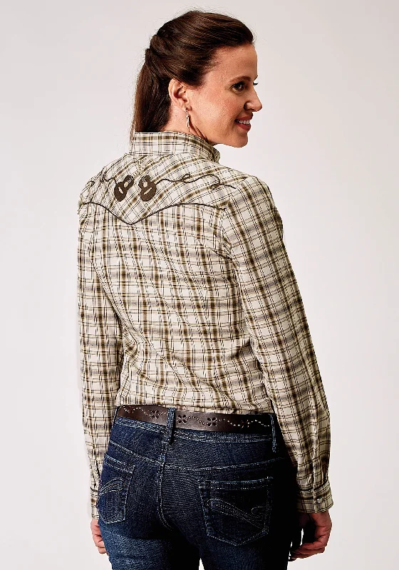 WOMENS LONG SLEEVE SNAP DESERT PLAID WESTERN SHIRT WITH EMBROIDERY ON BACK YOKES SMILE POCKETS Chenille Fabric Brocade Fabric Lace Fabric WOMENS LONG SLEEVE SNAP DESERT PLAID WESTERN SHIRT WITH EMBROIDERY ON BACK YOKES SMILE POCKETS Chenille Fabric Brocade Fabric Lace Fabric