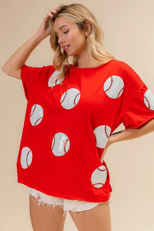BiBi Sequin Baseball Drop Shoulder Short Sleeve T-Shirt Zippered Front Buttoned Front Snap Front BiBi Sequin Baseball Drop Shoulder Short Sleeve T-Shirt Zippered Front Buttoned Front Snap Front