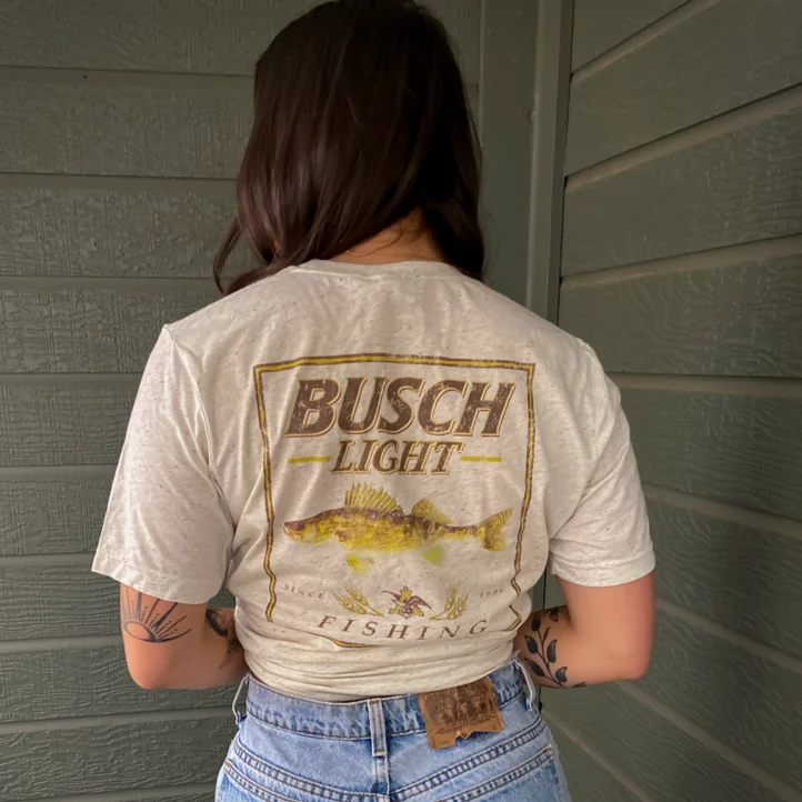 Busch Light Fishing Walleye T-Shirt Embroidered Appliqued Beaded