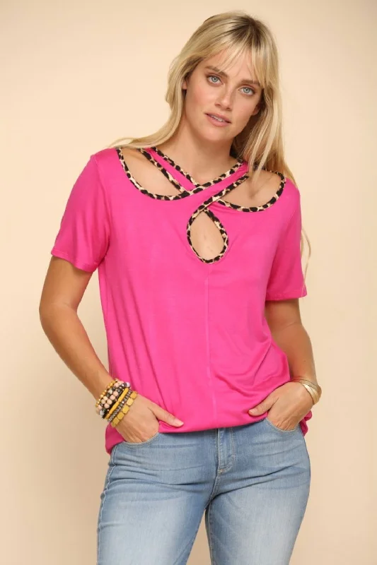 Celeste Full Size Crisscross Cutout Leopard Contrast Trim T-Shirt Casual Formal Business Celeste Full Size Crisscross Cutout Leopard Contrast Trim T-Shirt Casual Formal Business