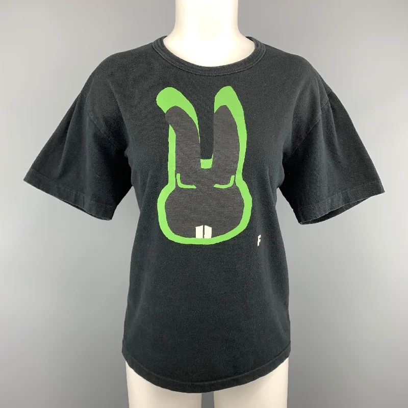 COMME des GARCONS BLACK Size XL Black & Green Bunny Graphic Crewneck T-shirt Welt Pockets Slit Pockets Flap Pockets COMME des GARCONS BLACK Size XL Black & Green Bunny Graphic Crewneck T-shirt Welt Pockets Slit Pockets Flap Pockets