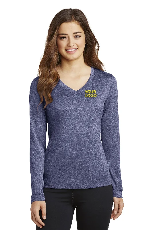 Sport-Tek Ladies Long Sleeve Branded Heather Contender V-Neck Tee's, True Navy Heather Iron Safe Non-Iron Wrinkle Free Sport-Tek Ladies Long Sleeve Branded Heather Contender V-Neck Tee's, True Navy Heather Iron Safe Non-Iron Wrinkle Free