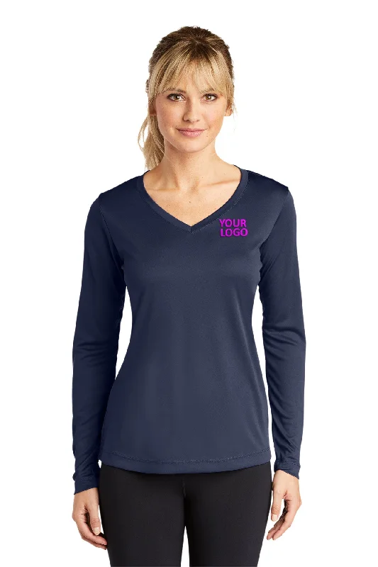 Sport-Tek Ladies Long Sleeve PosiCharge Competitor Branded V-Neck Tee's, True Navy Mesh Fabric Canvas Fabric Denim Fabric Sport-Tek Ladies Long Sleeve PosiCharge Competitor Branded V-Neck Tee's, True Navy Mesh Fabric Canvas Fabric Denim Fabric