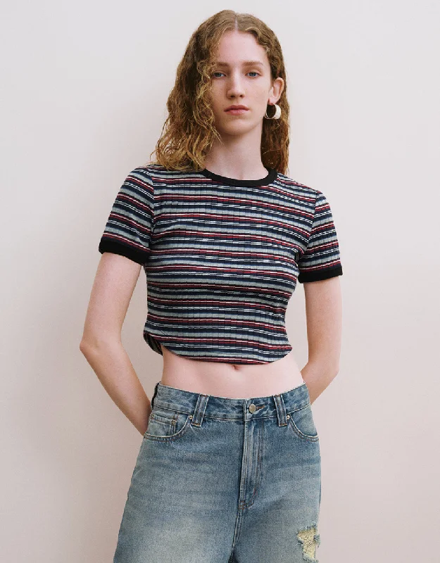 Striped Crew Neck Skinny T-Shirt Collared Crew Neck Turtle Neck